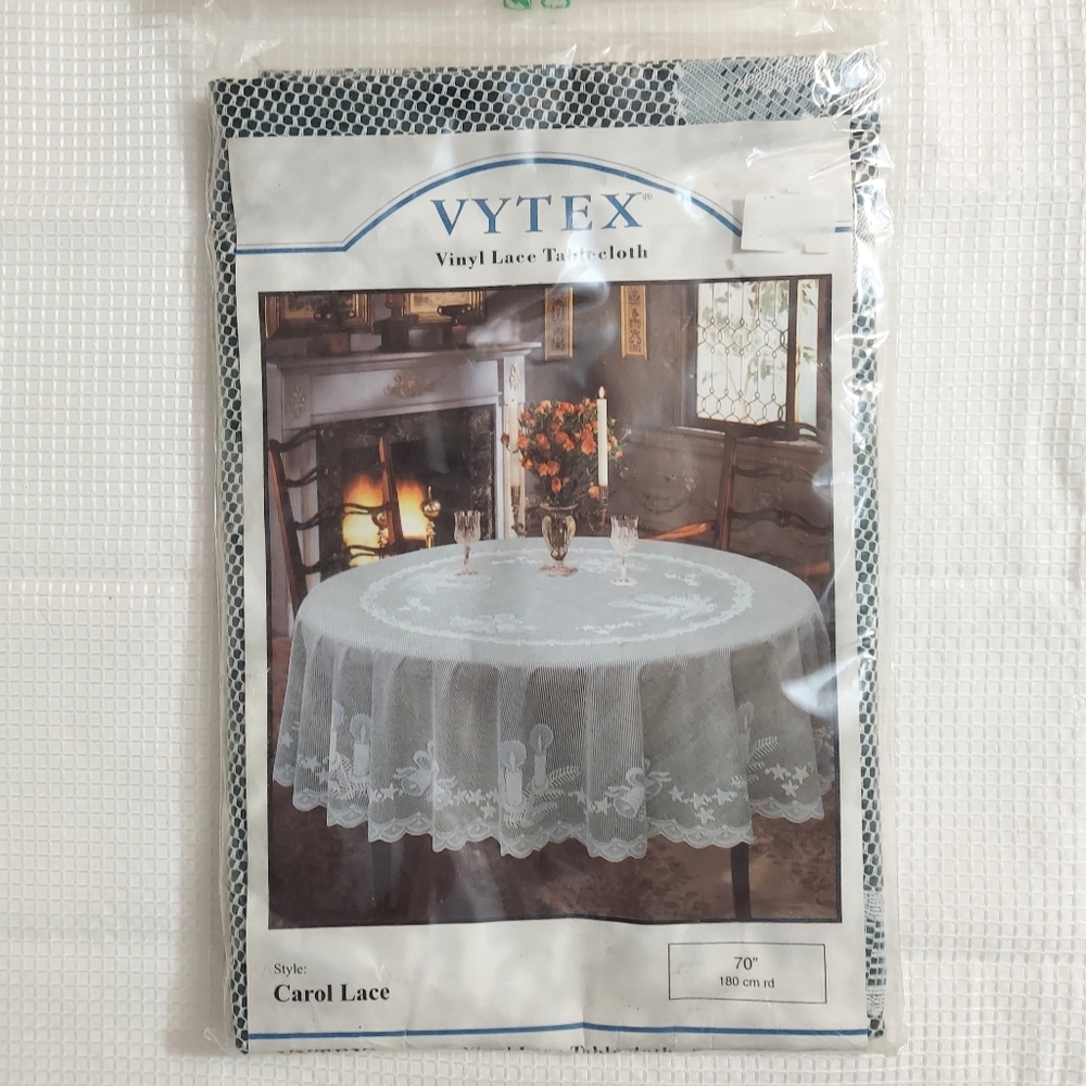 Vintage Vinyl Carol Lace Tablecloth Round 70 in White Green Candle Bell Holiday